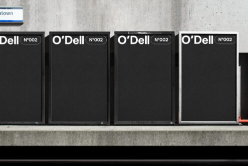 Four black rectangular mockups with white O'Dell branding on a concrete background ideal for showcasing graphic design projects and templates for designers.