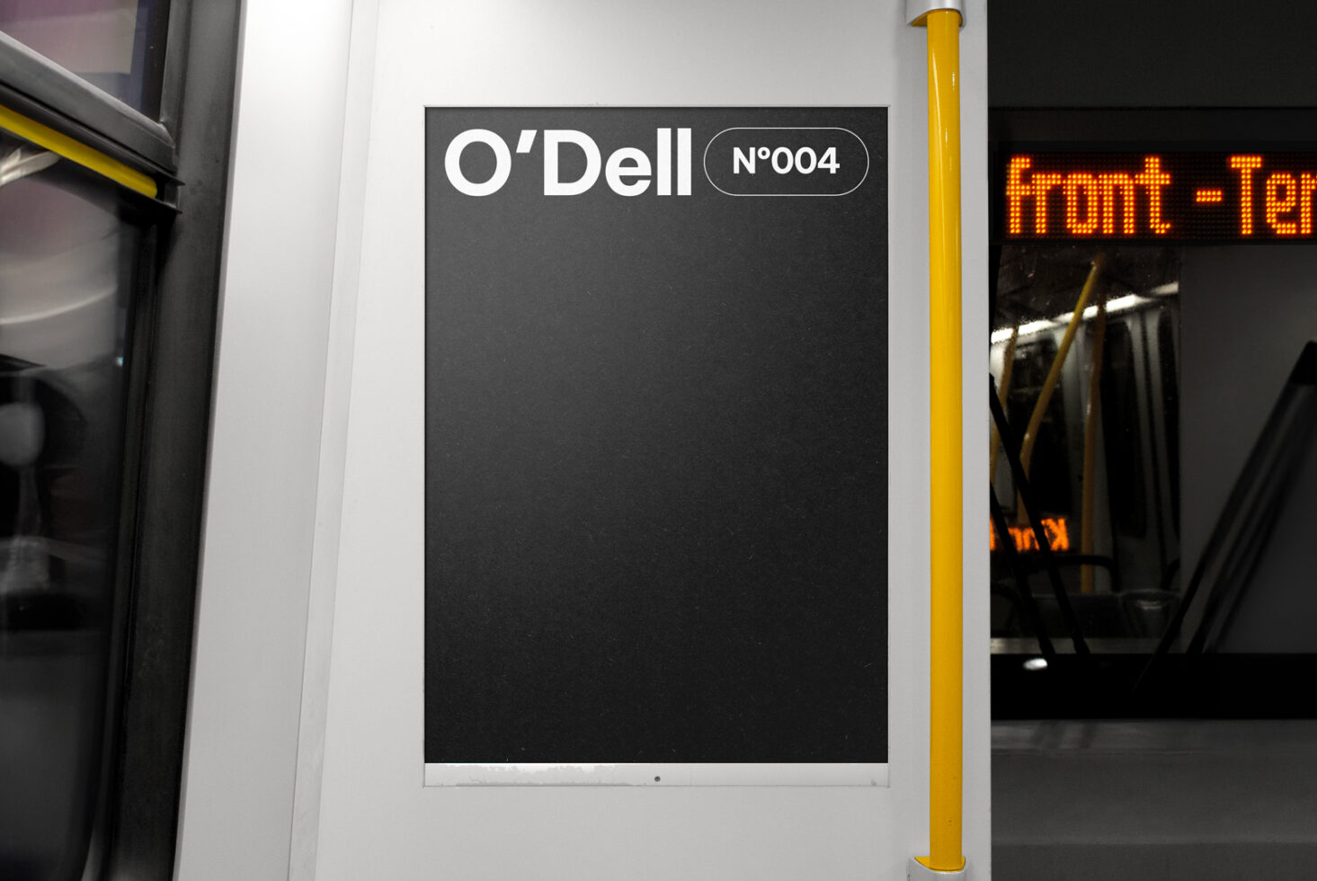 Subway interior mockup featuring a framed poster space with O'Dell branding on a black background. Ideal for showcasing design templates or ad concepts.