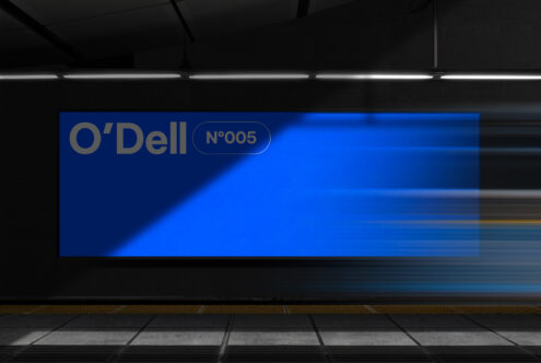 Subway station billboard mockup with blue background featuring bold typography O'Dell No 005 ideal for graphic designers showcasing modern templates.