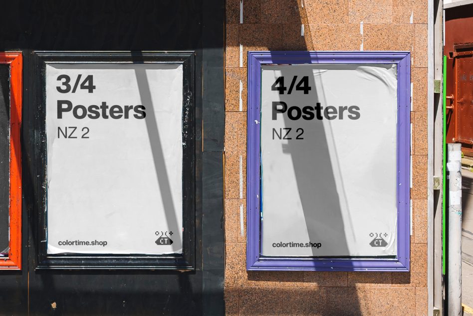 Urban poster mockup featuring two side-by-side frames with customizable blank sheets. Ideal for showcasing graphic design templates and street art.