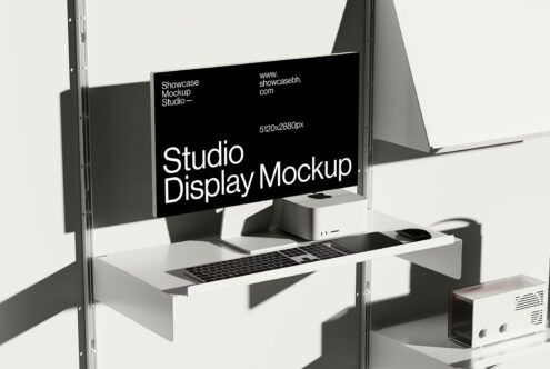 Studio display mockup on wall shelf with keyboard and computer. Ideal for design presentations and mockups. 5120x2880 resolution. Modern workspace.