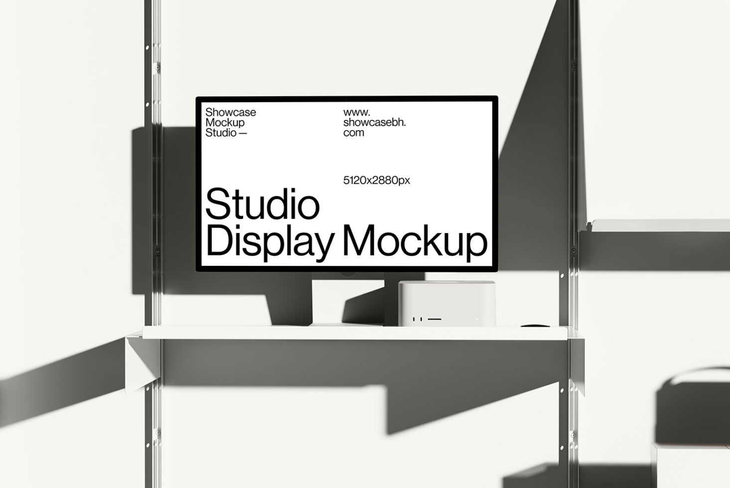 Studio display mockup on a minimalist desktop setting showcasing clean design suitable for digital asset designers. Keywords: mockup, studio, display, template.