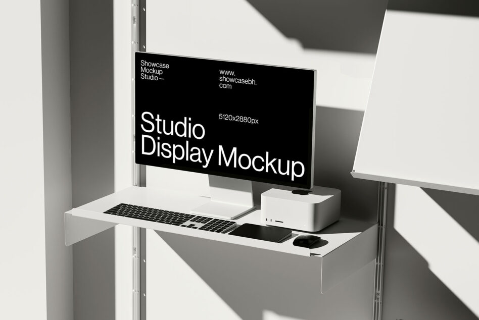 Minimal studio display mockup featuring high-resolution screen on a modern desk with keyboard and mouse. Ideal for designers. Keywords: mockup, design.