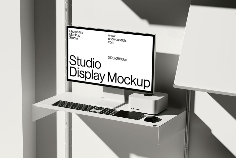 Studio display mockup on minimalist desk with computer accessories in modern office. High-resolution screen template for designers. 5120x2880px display.