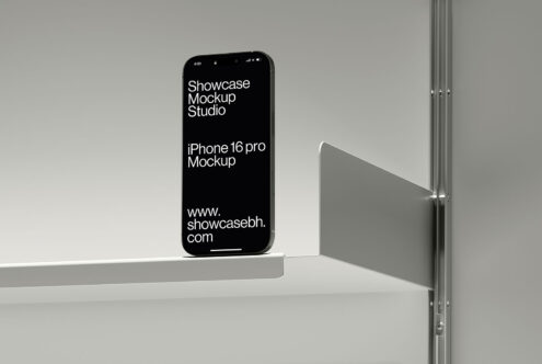 iPhone 16 Pro mockup on minimalist shelf background. Design showcase for digital assets marketplace. Ideal for product presentation and branding.