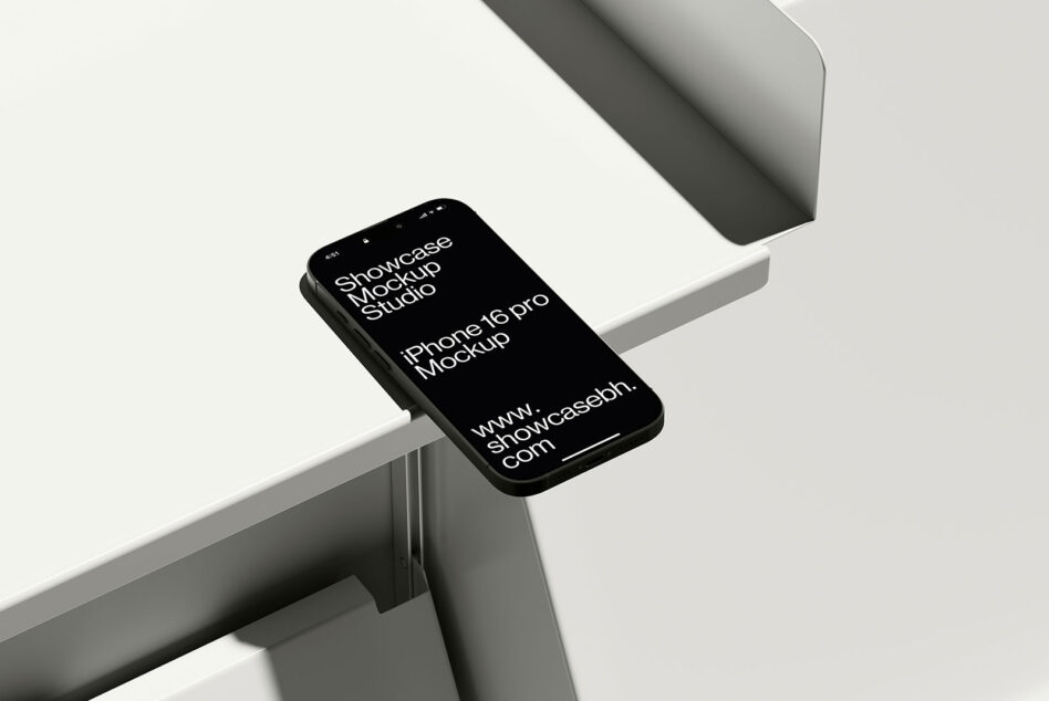 iPhone 16 Pro mockup on modern desk showcasing Showcase Mockup Studio design. Ideal for designers seeking sleek smartphone display mockups and templates.