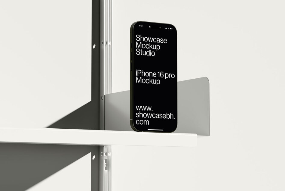 iPhone 16 Pro mockup displayed on a shelf. Minimalist design ideal for showcasing app interfaces. Perfect for digital designers in need of device templates.