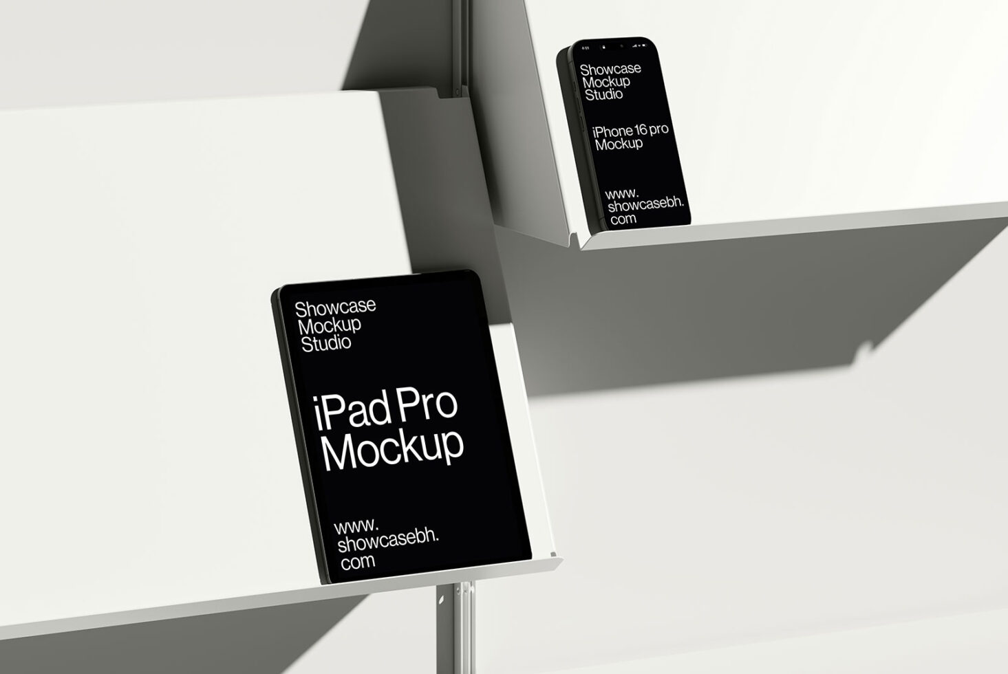 iPad Pro and iPhone 16 Pro mockup displayed on modern shelves. Ideal for showcasing digital designs in a professional studio environment. Mockup template.