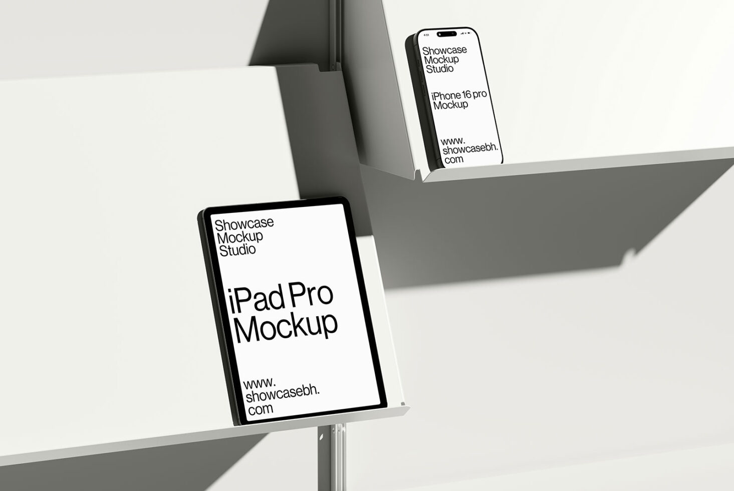 Minimalistic iPhone 16 Pro and iPad Pro mockups on display shelf suitable for app or UI design showcasing in a modern digital presentation setting