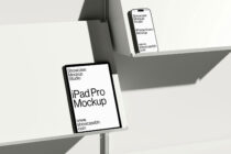 iPad Pro with white screen iPad Pro mockup on white shelving with iPhone
