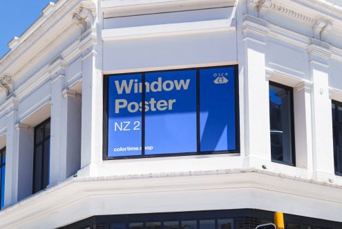 Blue window poster mockup on a classic white building corner ideal for designers seeking high-quality templates and graphics for realistic branding.