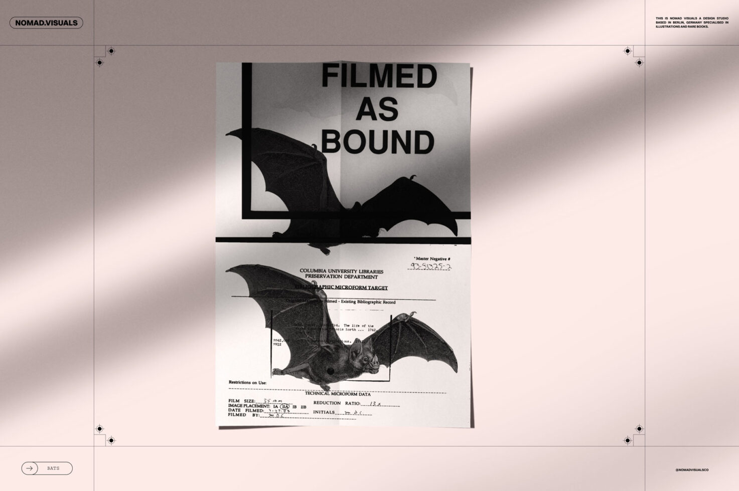 Bat illustration with vintage document overlay, featuring text Filmed as Bound. Ideal for graphic designers seeking unique textures and elements.