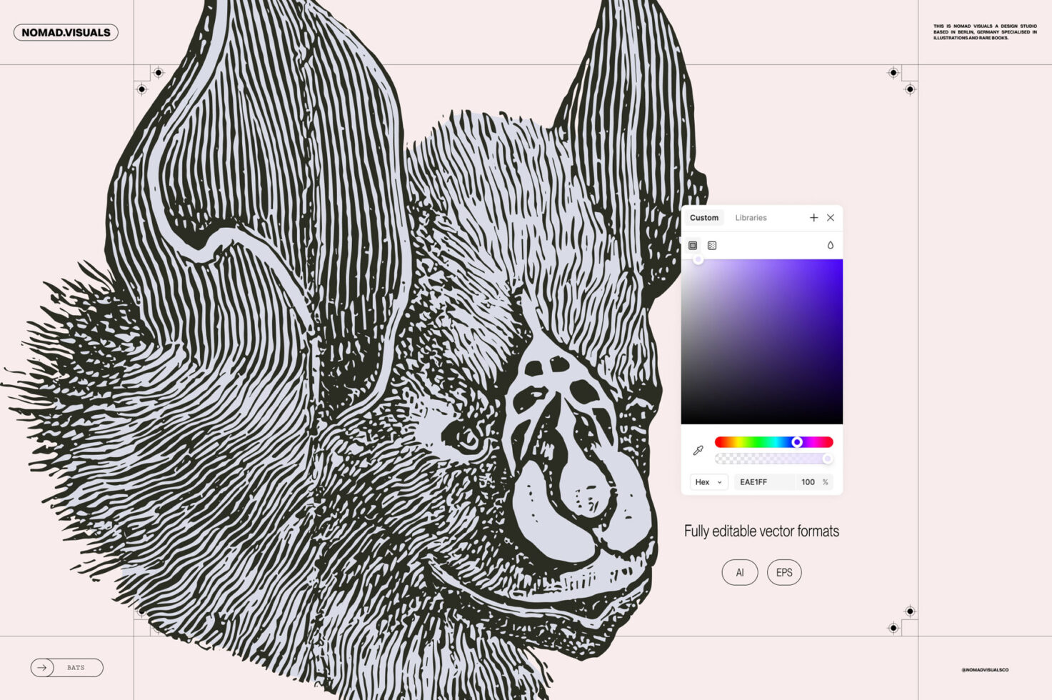 Detailed bat illustration in editable vector format AI and EPS, ideal for designers seeking unique graphics for creative projects. Suitable for templates use.