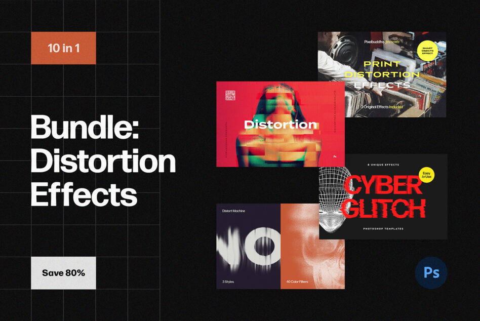 Digital distortion effects bundle showcasing dynamic glitch templates perfect for designers. Includes Photoshop files. Save 80 percent. Ideal for graphics.