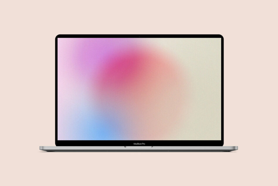 Laptop mockup with colorful blurred background screen on neutral beige backdrop. Perfect for showcasing digital templates graphics design projects.