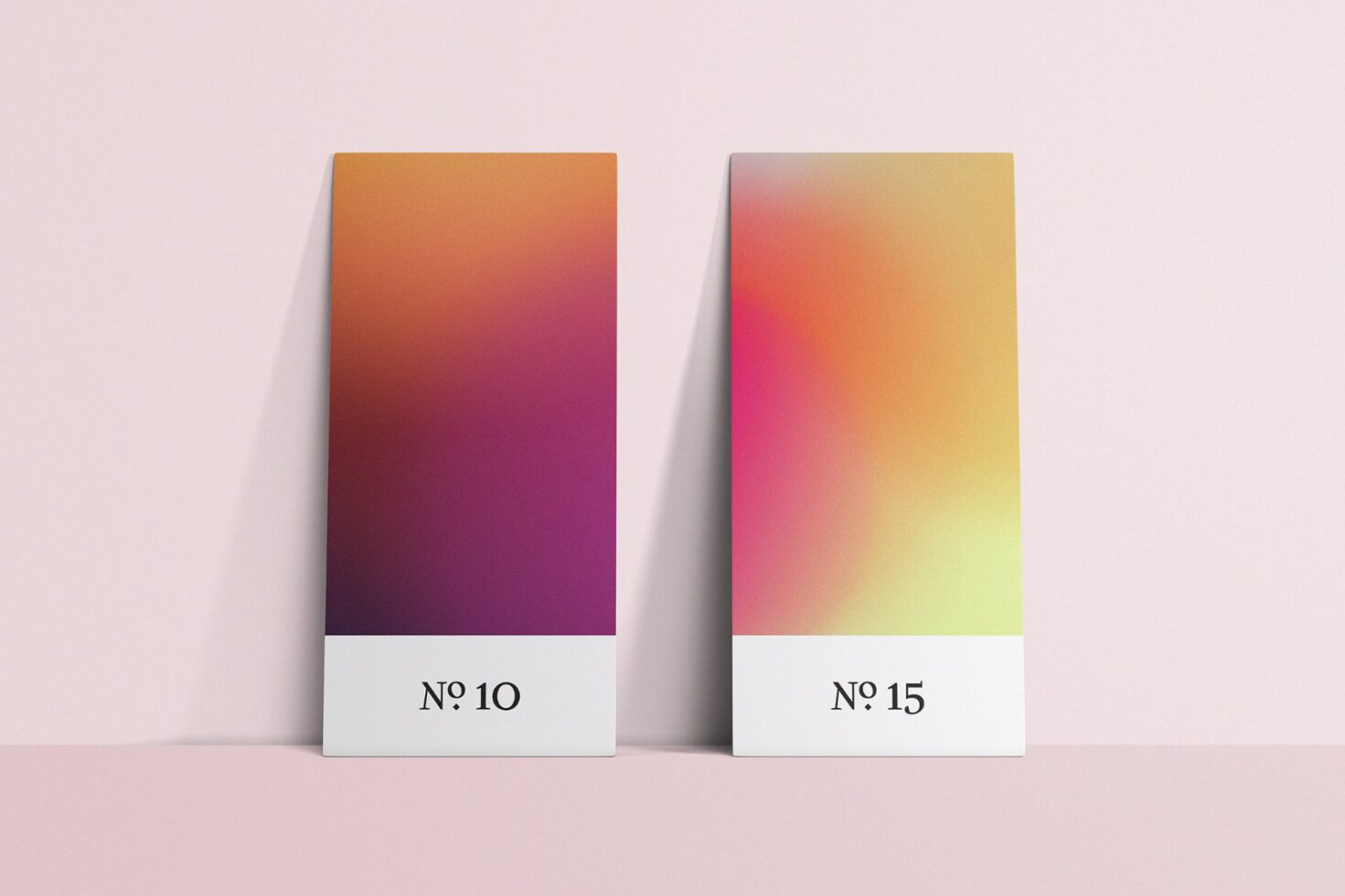 Two gradient color cards labeled No 10 and No 15 stand against a soft pink background ideal for mockups graphic design templates vivid colors elegant display