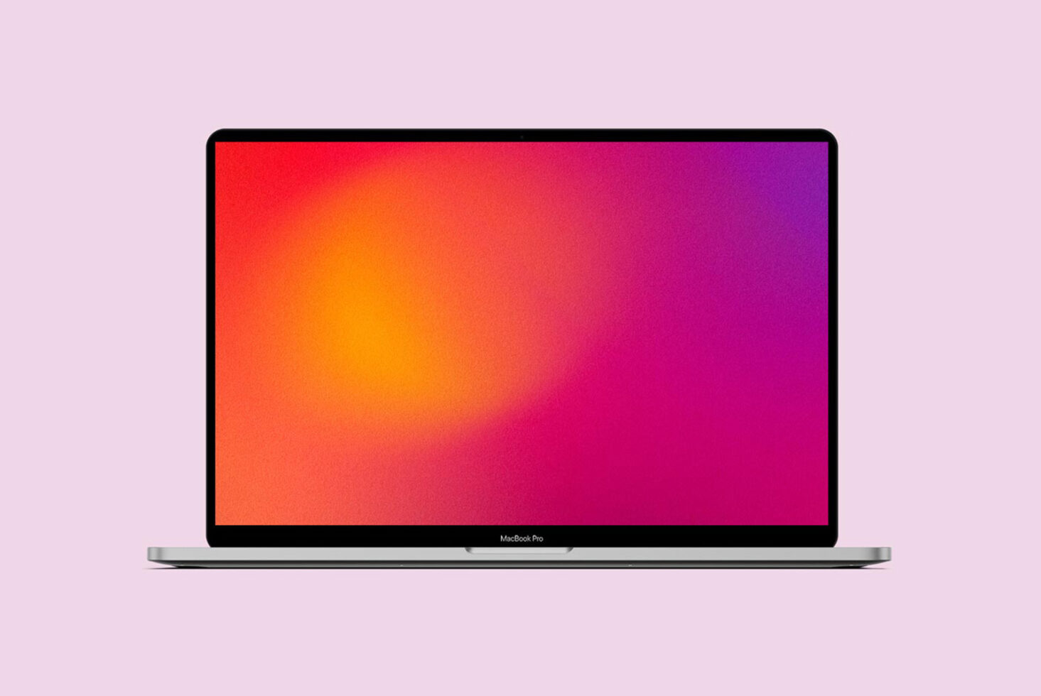 Mockup of a MacBook Pro with a vibrant orange and pink gradient screen on a pastel pink background ideal for digital designs and UX/UI presentations.