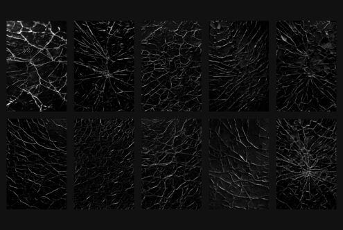 Collection of 10 cracked glass textures on a black background for designers. Ideal for mockups, graphic design, templates, and creating realistic effects.