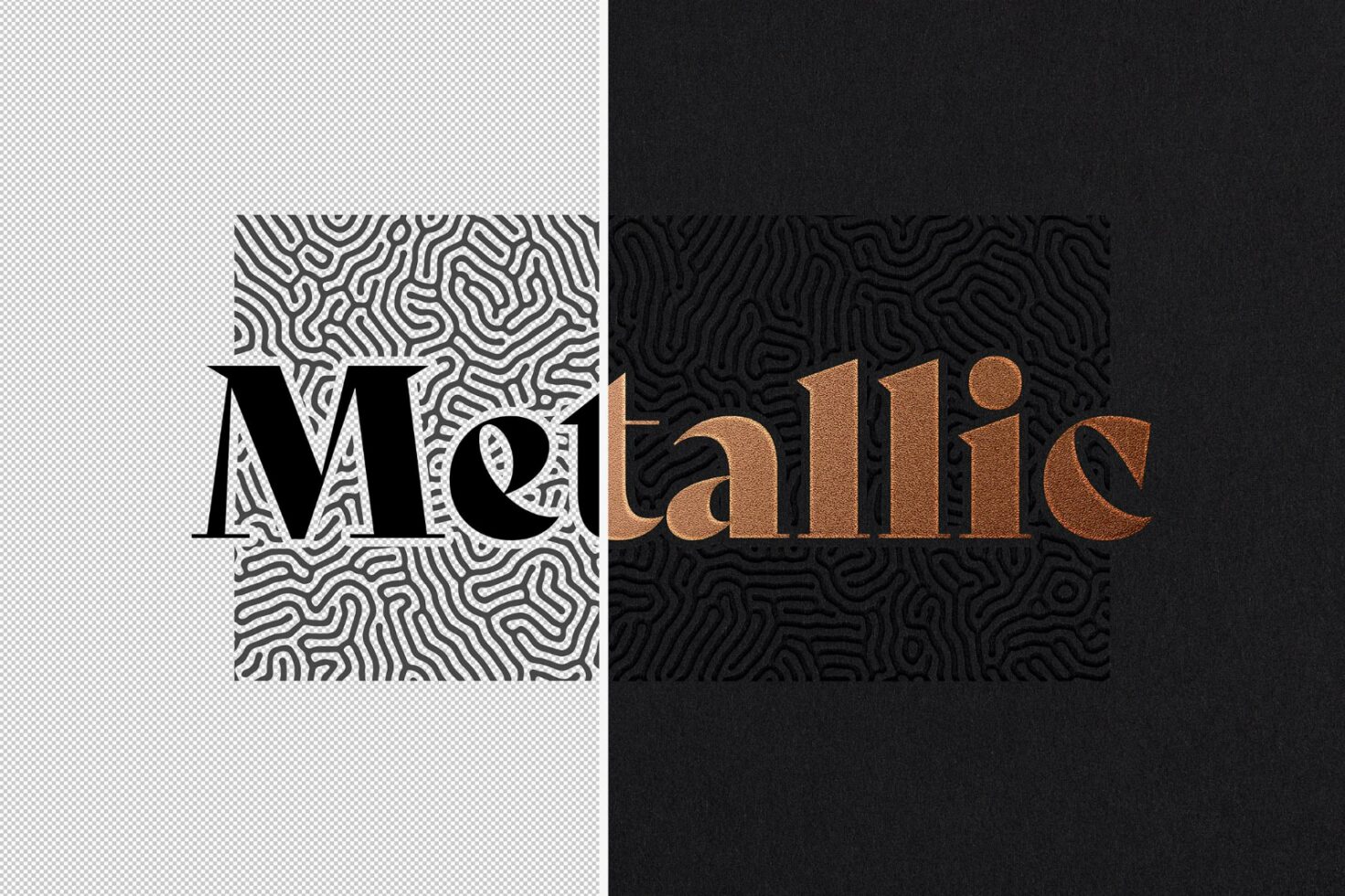 Metallic text effect with copper tones on contrasting black and white backgrounds. Perfect for mockups, typography design, and graphic templates.