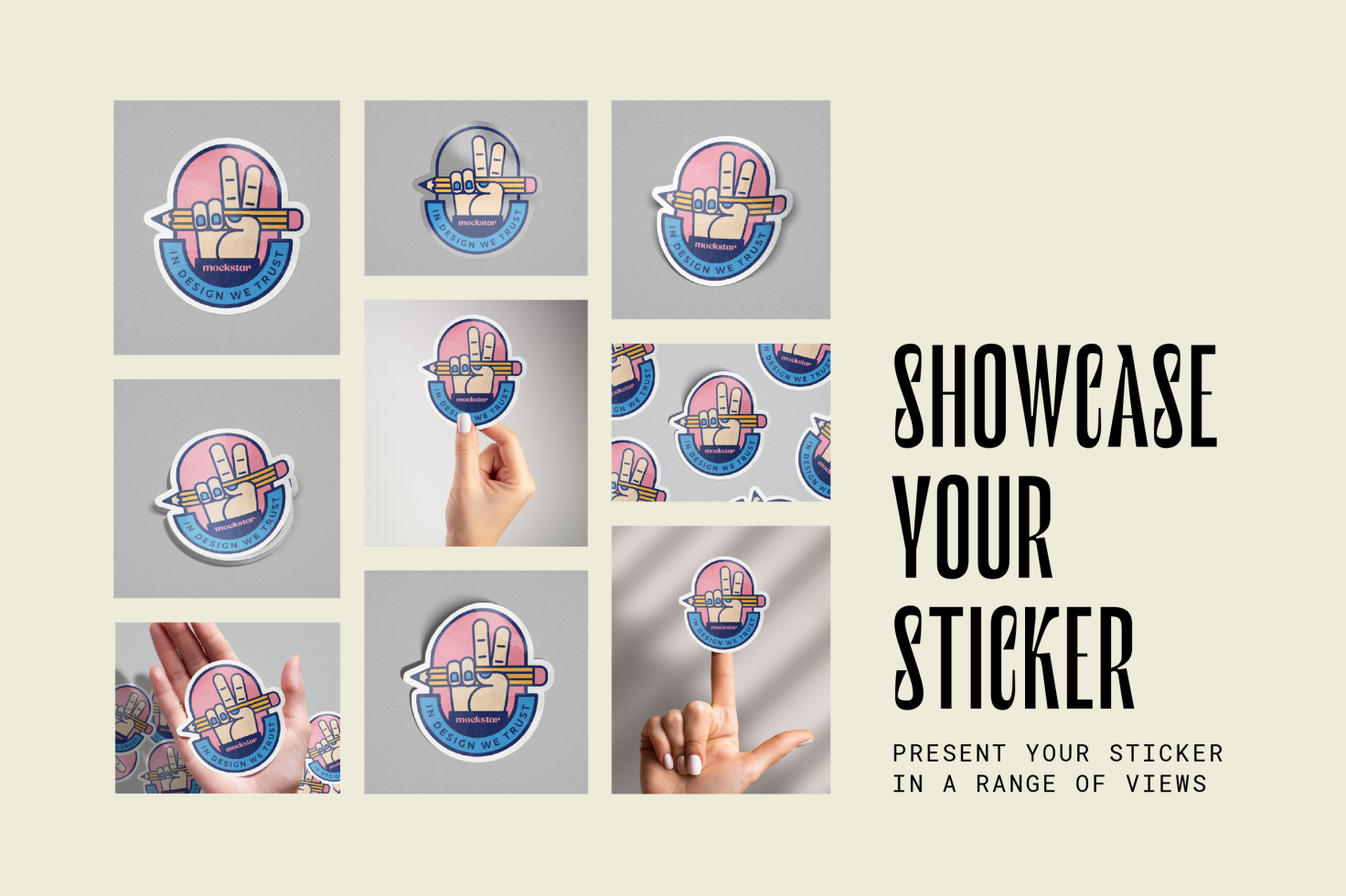 Sticker mockup collection featuring hand holding playful design with peace sign and pencil. Ideal for designers seeking versatile display options.