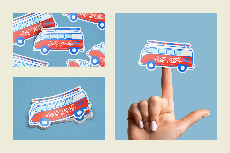 Retro van sticker mockup on blue background. Hand holding surf van design sticker. Perfect for graphic designers searching for customizable templates.