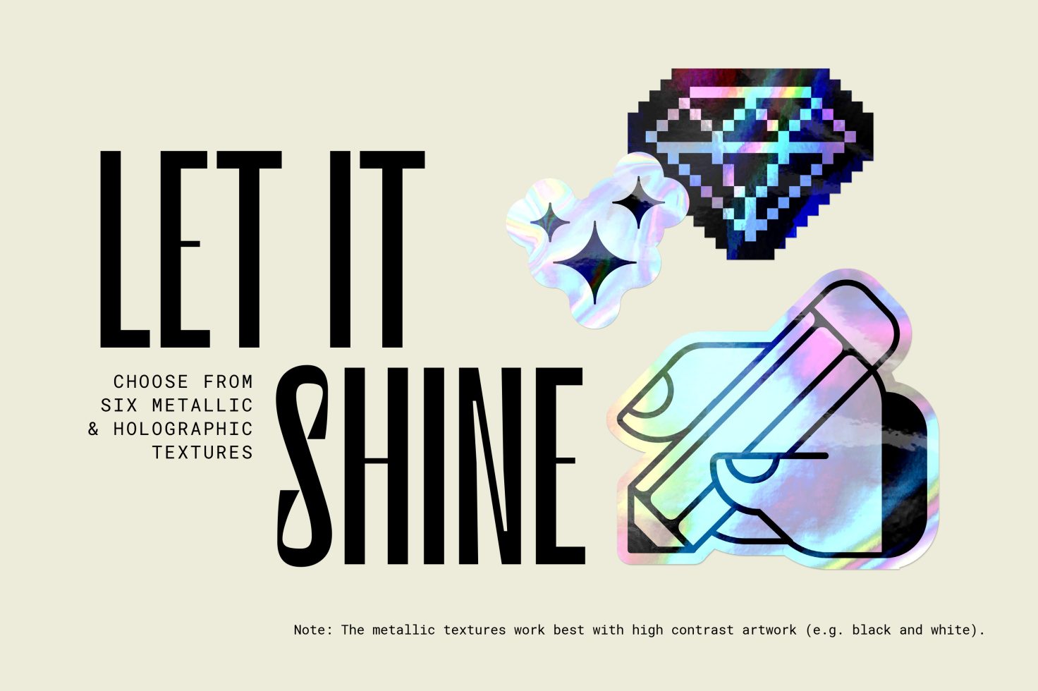 Digital asset featuring holographic textures with pixel art icons. Includes text let it shine promoting six metallic textures. Ideal for designers.