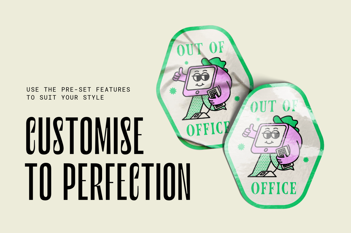 Sticker design template featuring a cartoon character with computer screen head, labeled Out of Office. Perfect for customizing graphic projects.