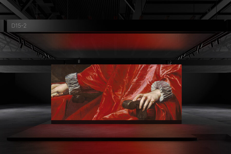 Digital mockup showcasing a large display screen featuring a classic artwork with vivid red fabric details ideal for graphic designers and presentation visuals.