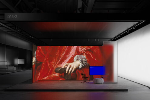 Exhibition booth with a large digital screen displaying red fabric design art modern interior mockup space for designers graphics visualization templates