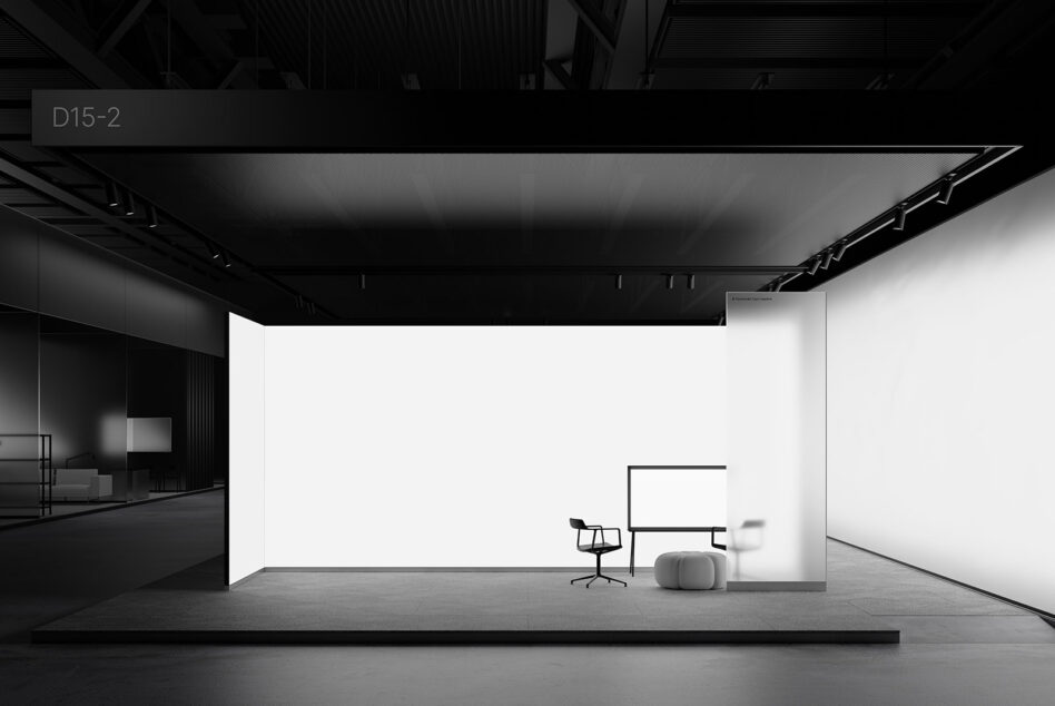 Minimalist mockup with modern office chair and screen in a sleek exhibition space. Perfect for designers seeking clean and professional design elements.