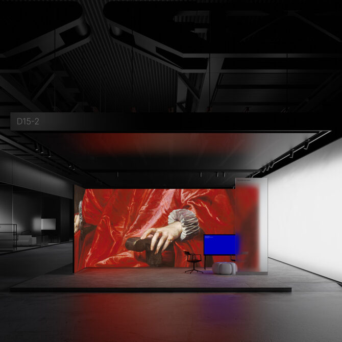 Exhibition booth mockup with large red art installation modern chair and screen sleek industrial design suitable for creative digital assets presentation