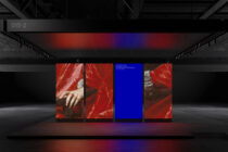 Four portrait screens displaying red fabric, blue panel, colored glow