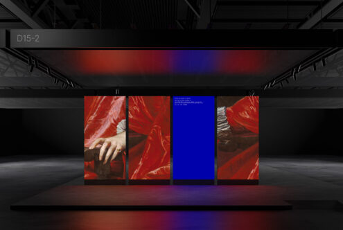 Digital art installation in a modern gallery with a triptych display featuring a classical painting in vibrant colors. Keywords are mockup, design asset.