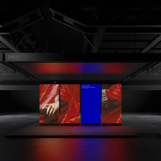 Dark exhibition space showcasing three-panel digital art with vibrant red and blue hues. Ideal for graphic design, mockup, and display templates.