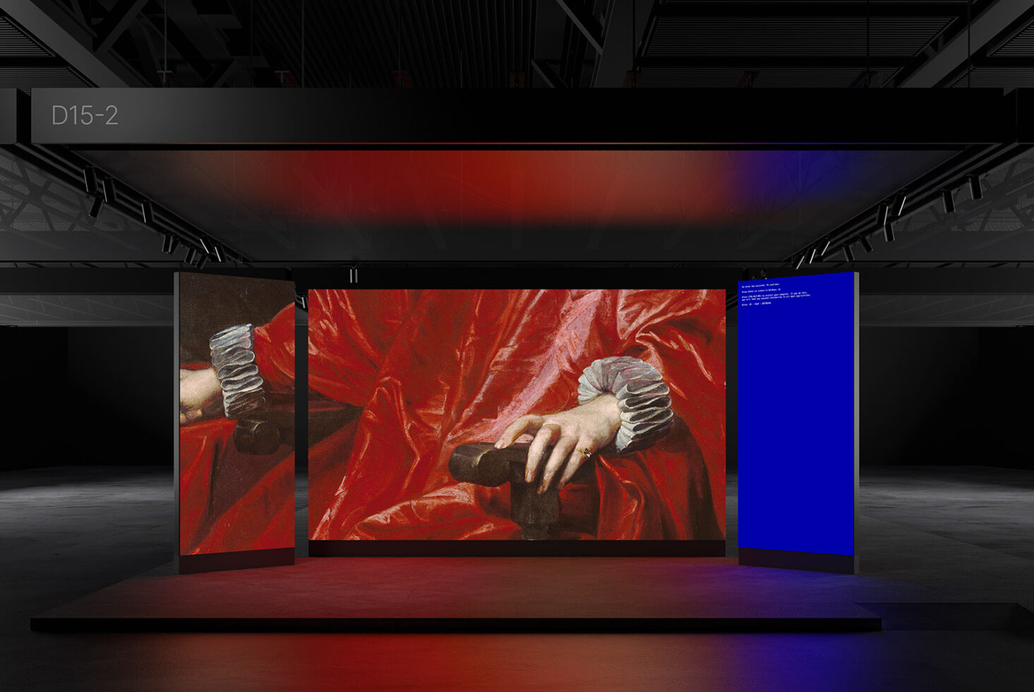 Modern exhibition space featuring a large digital display showcasing detailed classical art with vibrant colors, ideal for mockup and design presentations.