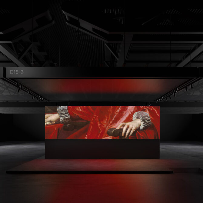 Digital mockup showcasing a large screen in a modern exhibition space, featuring detailed red fabric textures; suitable for graphic design presentations.