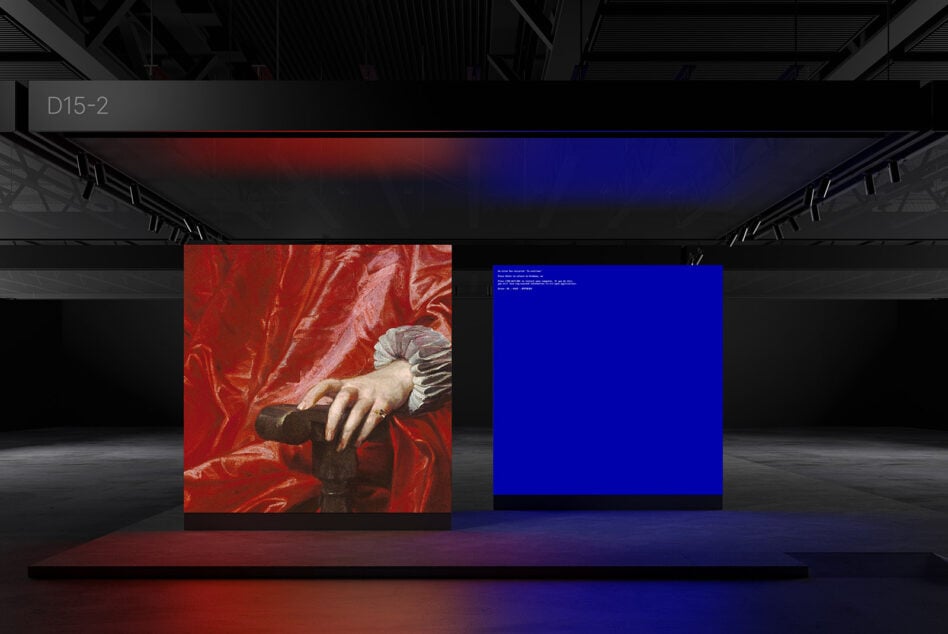 Split screen mockup with red historical image on left, blue digital interface on right