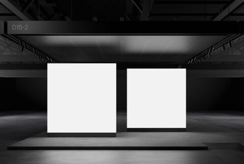 Minimalist exhibition stand mockup featuring two blank panels in a modern gallery setting ideal for designers seeking clean presentation templates.