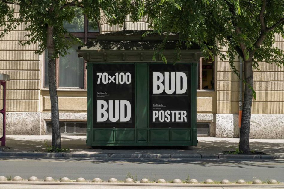 Outdoor poster mockup on green kiosk with bold typography under trees. Ideal for showcasing urban marketing designs. Poster advertises Bud.