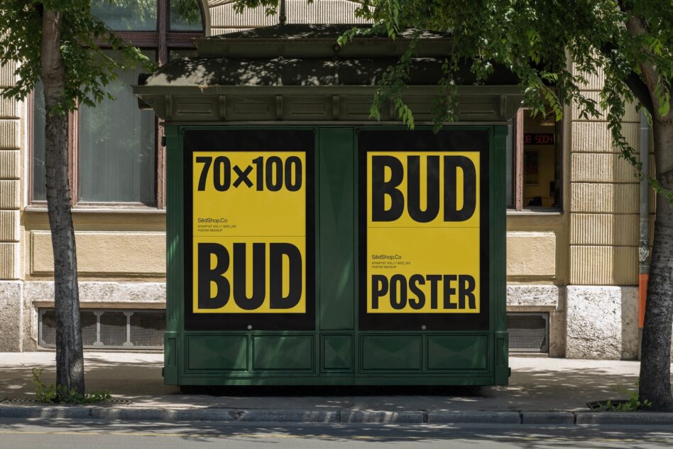 Urban poster mockup with bold yellow and black typography displayed on a green kiosk. Ideal graphic template for designers showcasing advertising layouts.