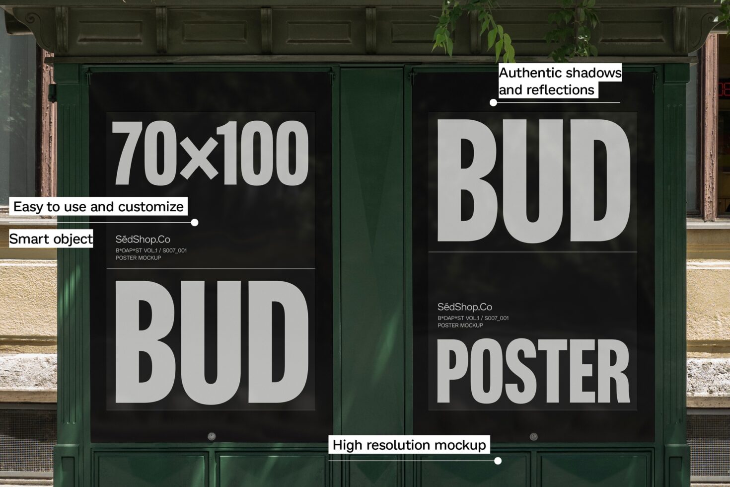 Urban poster mockup featuring two customizable 70x100 BUD posters with realistic shadows and reflections, ideal for graphic design templates.