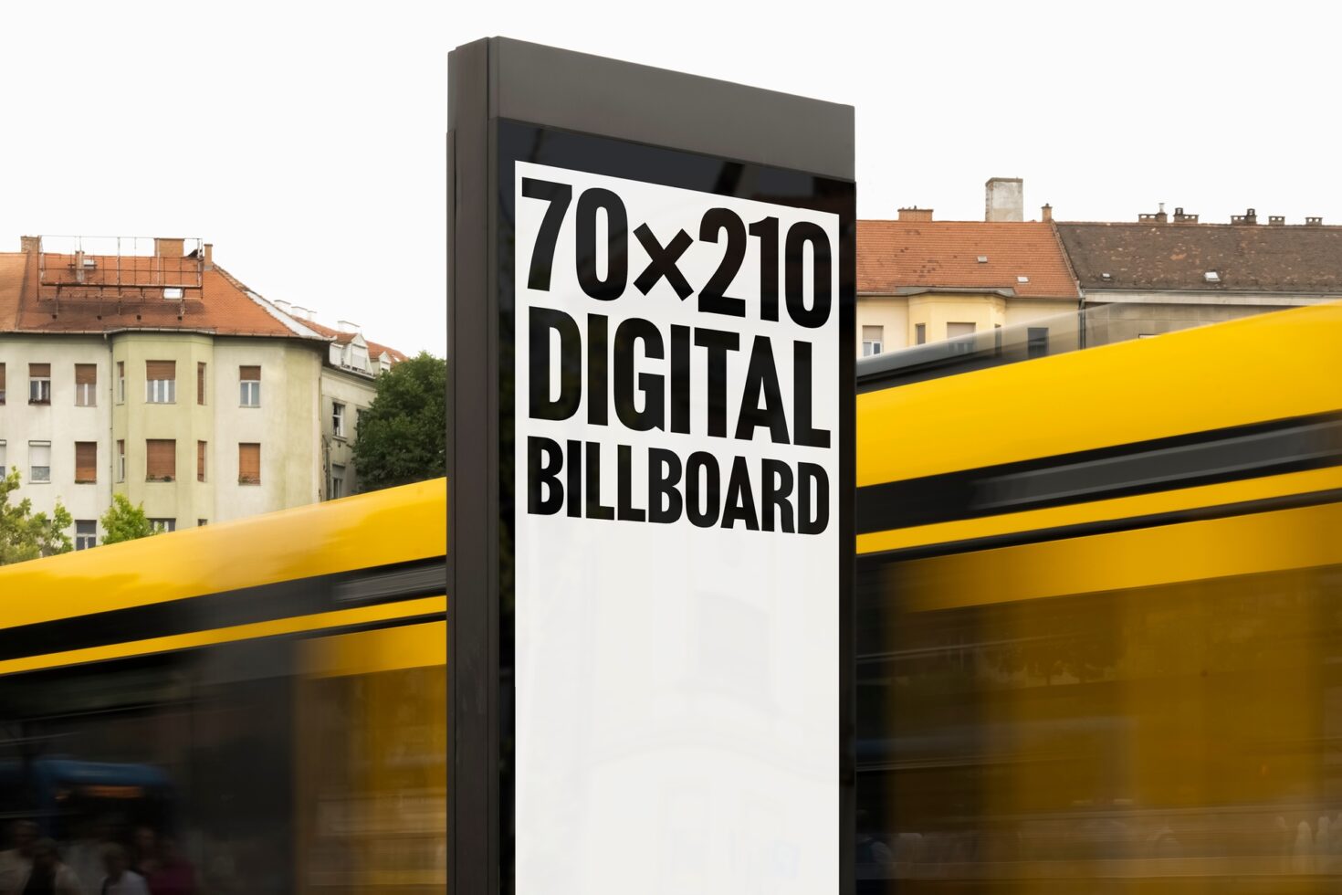 Digital billboard mockup in an urban setting with a passerby bus. Ideal for designers showcasing outdoor advertising designs. Keywords: mockup digital billboard.