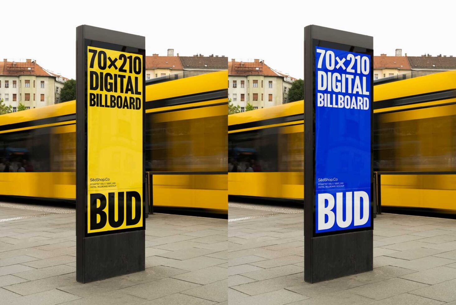 Digital billboard mockup showing two panels with bold text BUD. Ideal for urban advertising templates. Perfect asset for graphic designers.