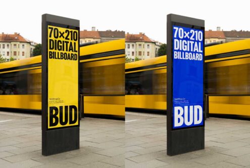 Digital billboard mockup showing two panels with bold text BUD. Ideal for urban advertising templates. Perfect asset for graphic designers.