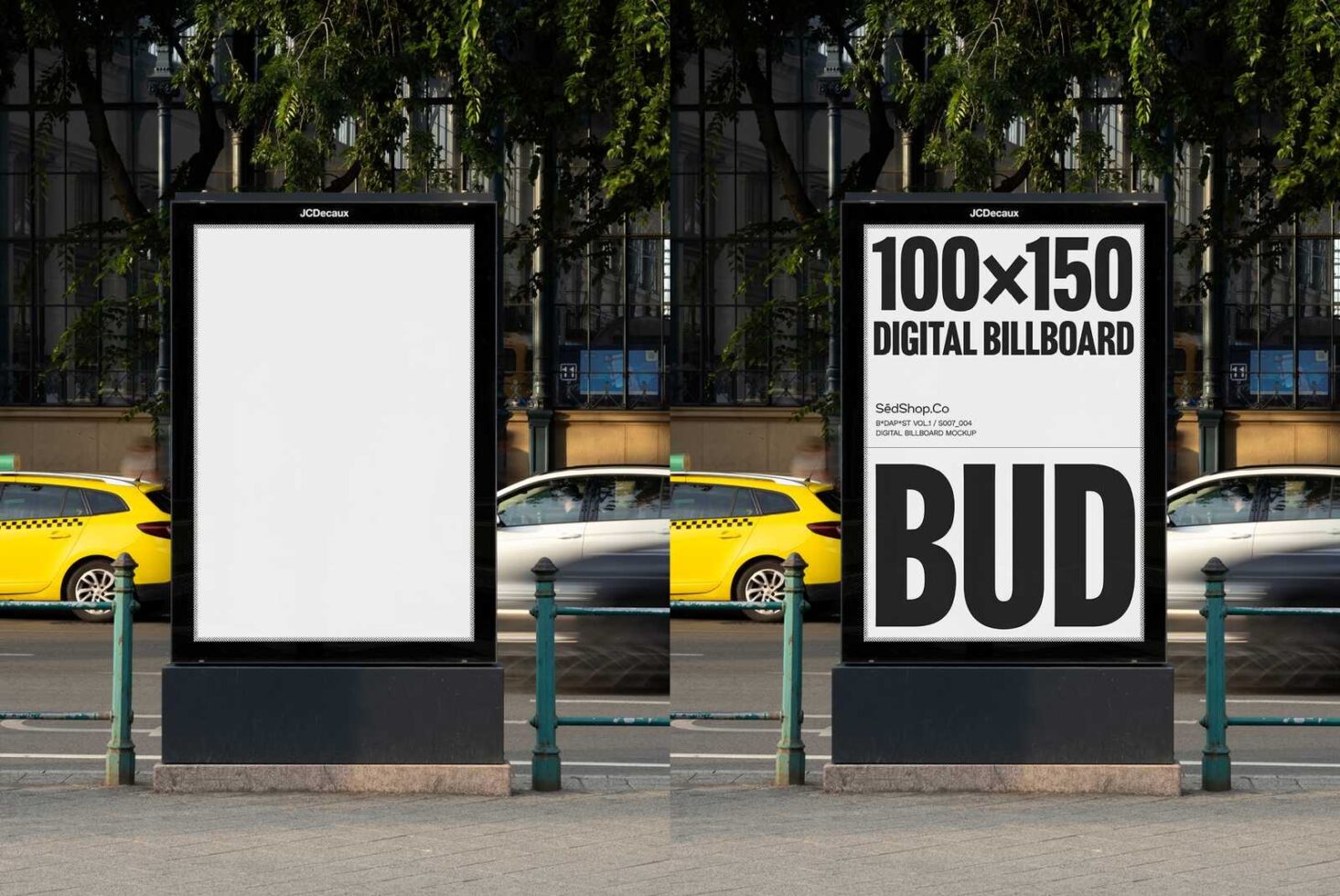 Outdoor digital billboard mockup on city street with blank and designed versions, ideal for designers. Graphic template 100x150, urban setting, cars passing.