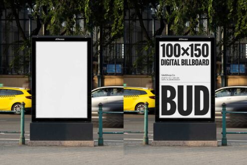 Outdoor digital billboard mockup on city street with blank and designed versions, ideal for designers. Graphic template 100x150, urban setting, cars passing.