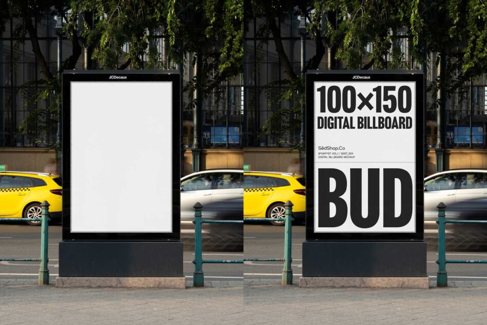 Blank to filled 100x150 digital billboard mockup comparison on street
