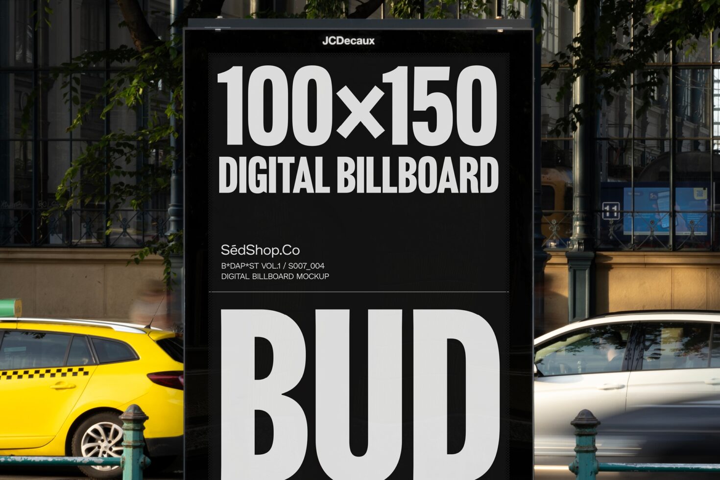 Digital billboard mockup scene featuring 100x150 dimensions in urban setting with taxi and cars; ideal for design presentations and advertising templates.