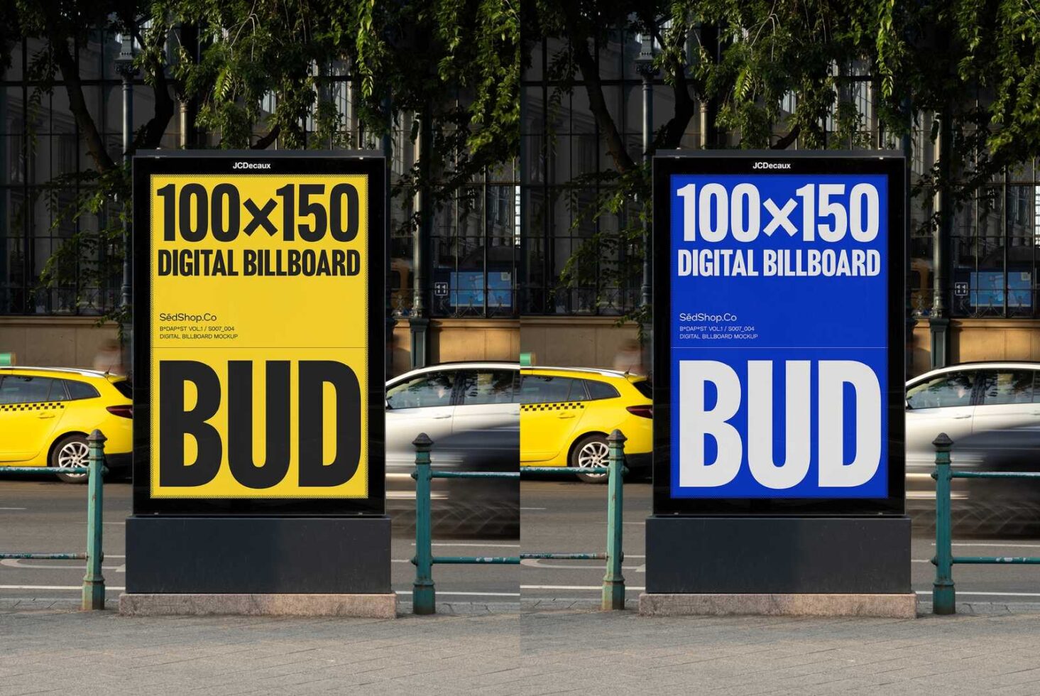 Two digital billboard mockups in urban setting displaying clear typography in yellow and blue designs ideal for graphic design and advertising templates.