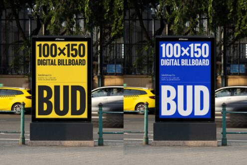 Two digital billboard mockups in urban setting displaying clear typography in yellow and blue designs ideal for graphic design and advertising templates.